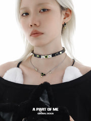 Summer Fruity 18K Platinum Plated Black Kitten ＆ Green Apple Leather Choker™