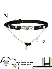 Summer Fruity 18K Platinum Plated Black Kitten ＆ Green Apple Leather Choker™