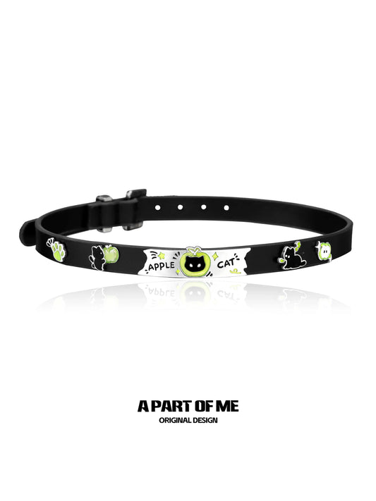 Summer Fruity 18K Platinum Plated Black Kitten ＆ Green Apple Leather Choker™