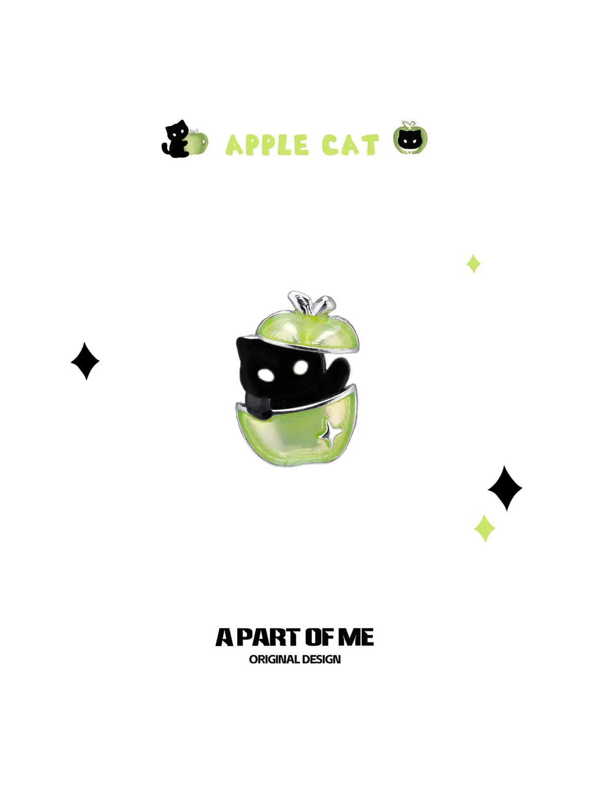 Summer Fruity 18K Platinum Plated Black Kitten ＆ Green Apple Stud Earrings™
