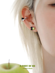 Summer Fruity 18K Platinum Plated Black Kitten ＆ Green Apple Stud Earrings™