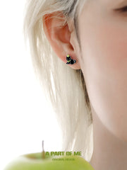 Summer Fruity 18K Platinum Plated Black Kitten ＆ Green Apple Stud Earrings™