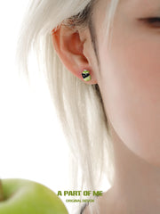 Summer Fruity 18K Platinum Plated Black Kitten ＆ Green Apple Stud Earrings™