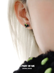 Summer Fruity 18K Platinum Plated Black Kitten ＆ Green Apple Stud Earrings™