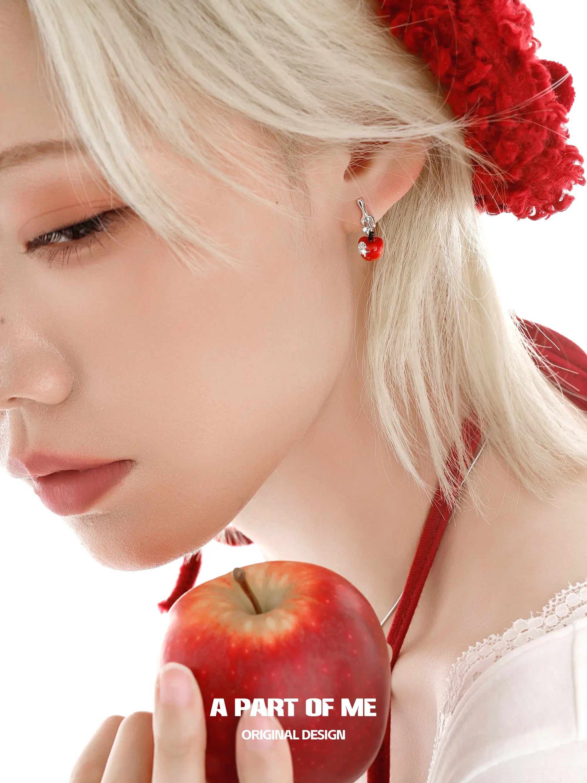 Summer Fruity 18K Platinum Plating Fork ＆ Apple Asymmetrical Stud Earrings™