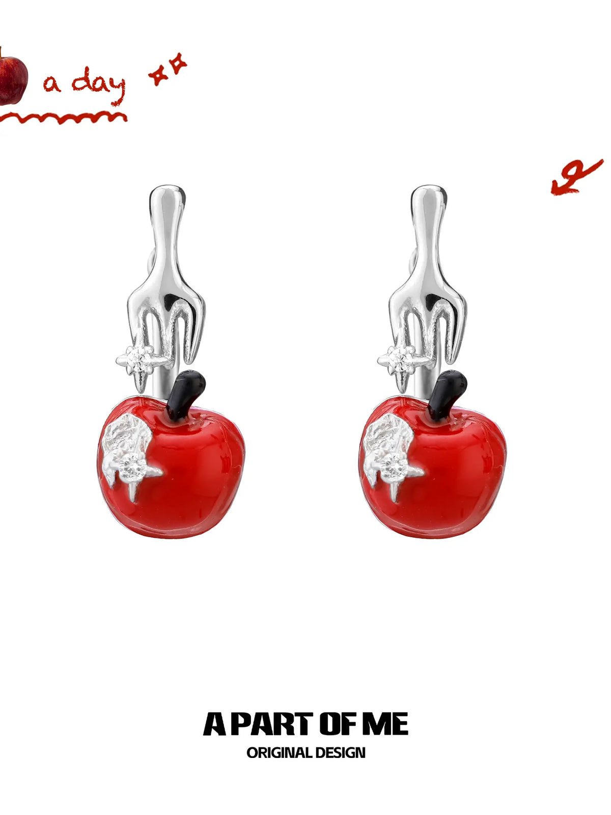 Summer Fruity 18K Platinum Plating Fork ＆ Apple Asymmetrical Stud Earrings™