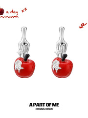 Summer Fruity 18K Platinum Plating Fork ＆ Apple Asymmetrical Stud Earrings™
