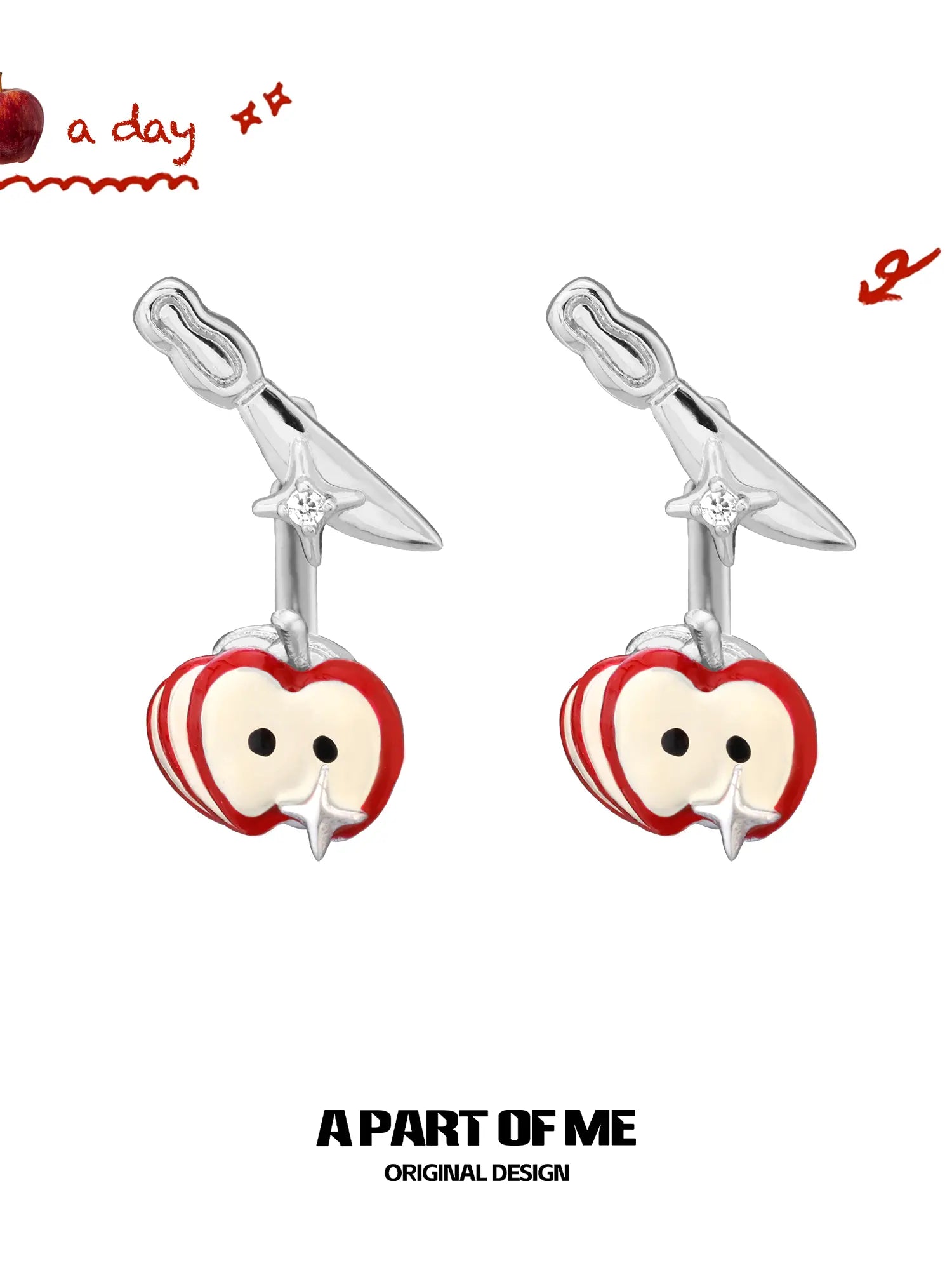 Summer Fruity 18K Platinum Plating Fork ＆ Apple Asymmetrical Stud Earrings™