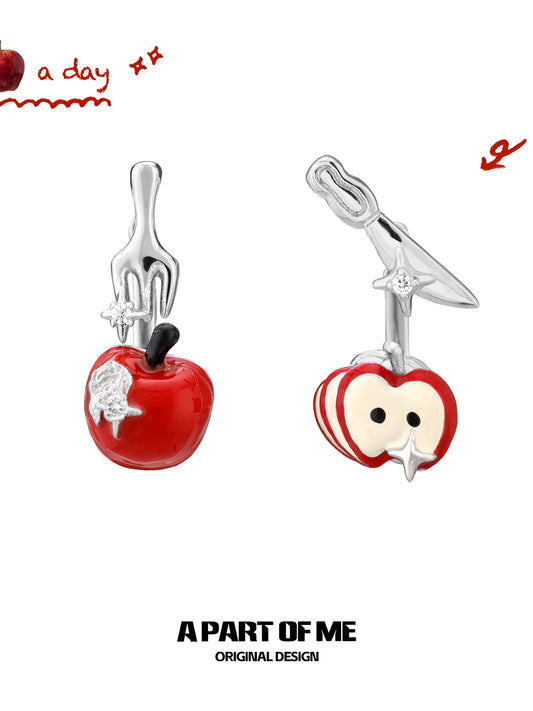 Summer Fruity 18K Platinum Plating Fork ＆ Apple Asymmetrical Stud Earrings™