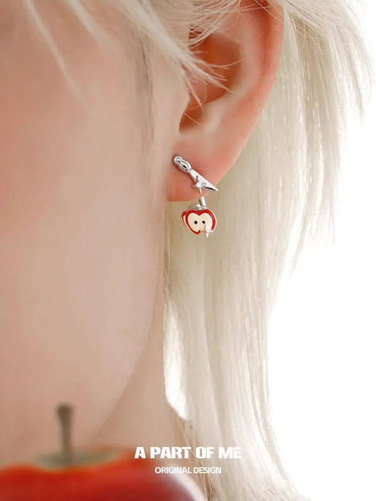 Summer Fruity 18K Platinum Plating Fork ＆ Apple Asymmetrical Stud Earrings™