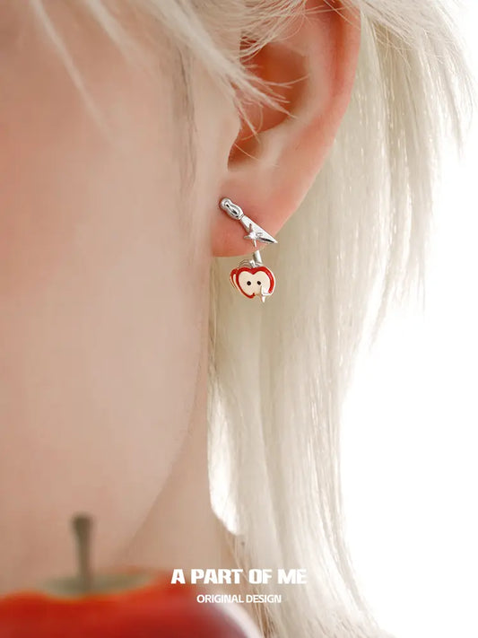 Summer Fruity 18K Platinum Plating Fork ＆ Apple Asymmetrical Stud Earrings™