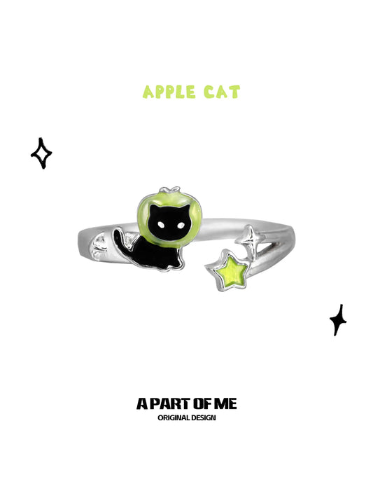 Summer Fruity 925 Sterling Silver Black Kitten ＆ Green Apple Ring™