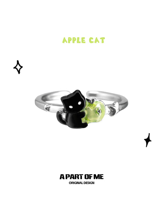 Summer Fruity 925 Sterling Silver Black Kitten ＆ Green Apple Ring™