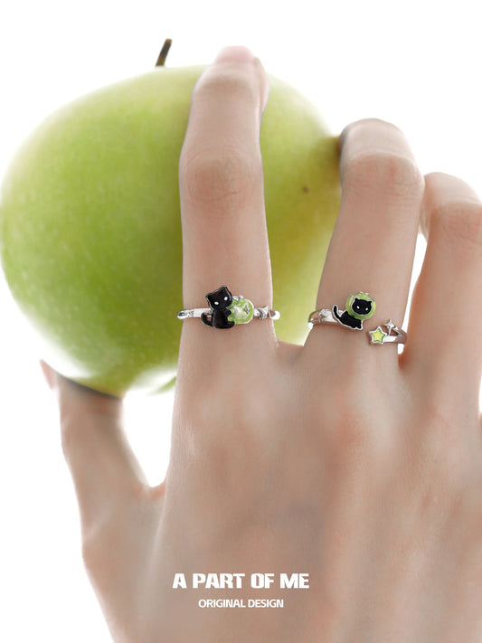 Summer Fruity 925 Sterling Silver Black Kitten ＆ Green Apple Ring™