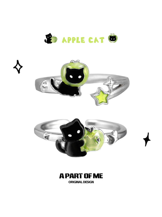 Summer Fruity 925 Sterling Silver Black Kitten ＆ Green Apple Ring™