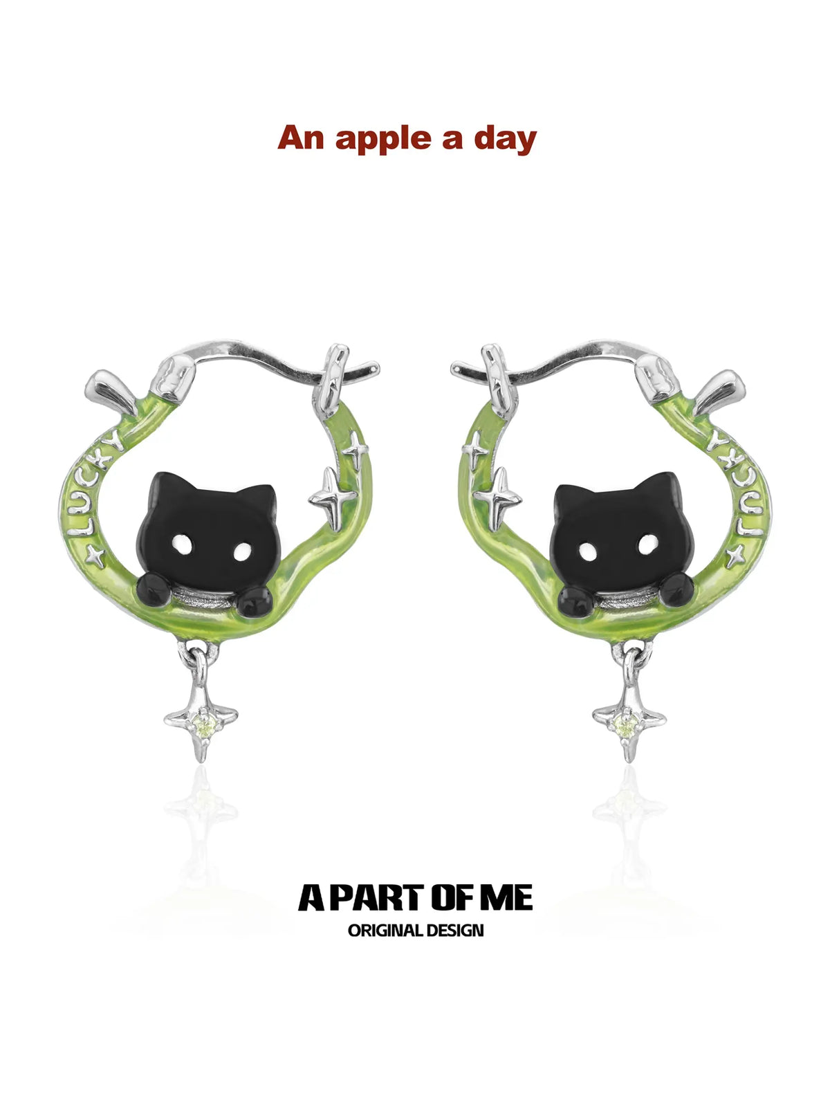 Summer Fruity Black Cat and Apple Asymmetrical Hook Earrings™