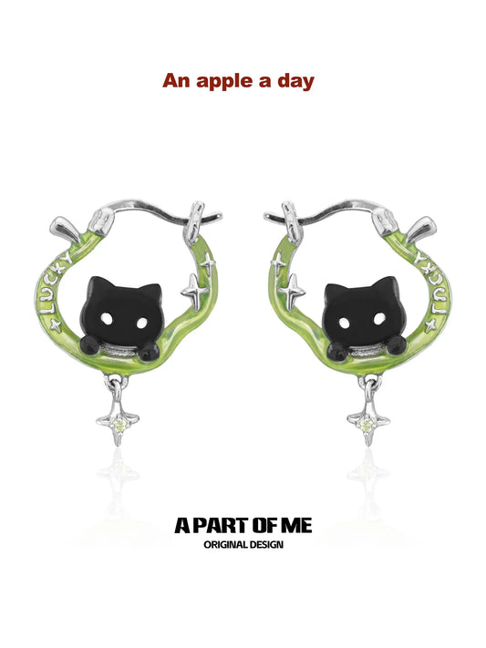 Summer Fruity Black Cat and Apple Asymmetrical Hook Earrings™