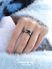 Hello Winter Black Kitten and White Puppy Sterling Silver Open-Style Adjustable Couple's Ring™