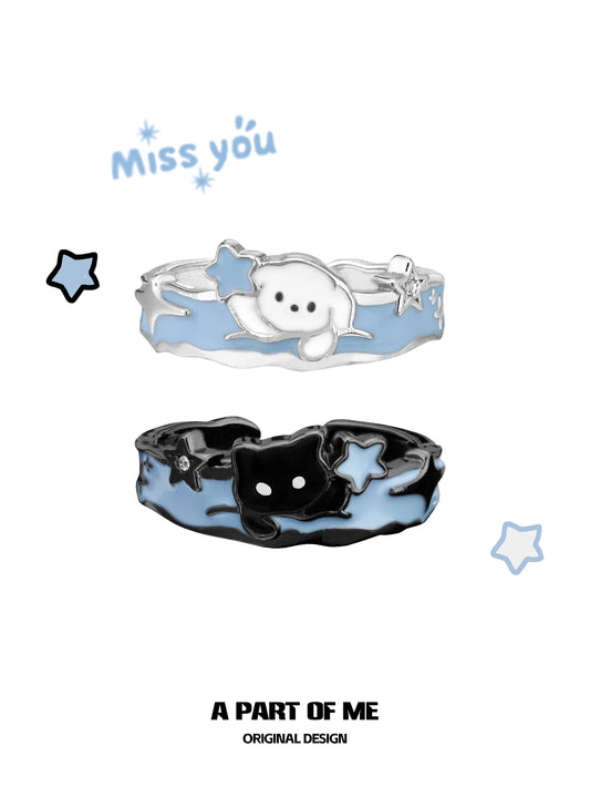 Hello Winter Black Kitten and White Puppy Sterling Silver Open-Style Adjustable Couple's Ring™