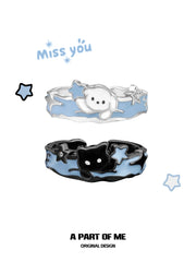Hello Winter Black Kitten and White Puppy Sterling Silver Open-Style Adjustable Couple's Ring™