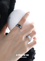 Hello Winter Black Kitten and White Puppy Sterling Silver Open-Style Adjustable Couple's Ring™