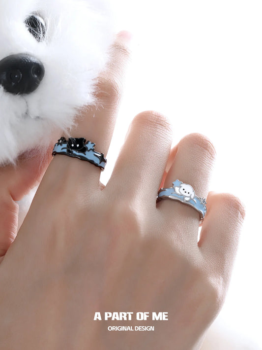 Hello Winter Black Kitten and White Puppy Sterling Silver Open-Style Adjustable Couple's Ring™