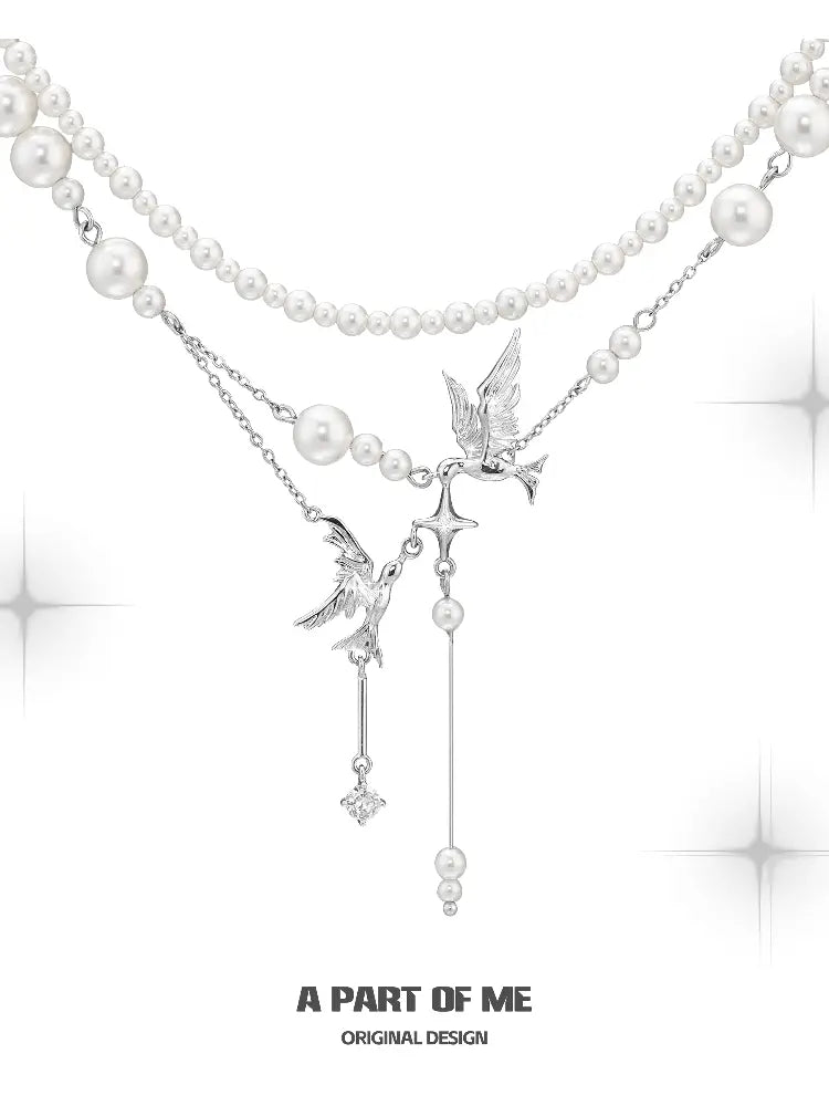 Winged Grace 18K Platinum Plated Tassel Natural Pearls Choker Nacklace™